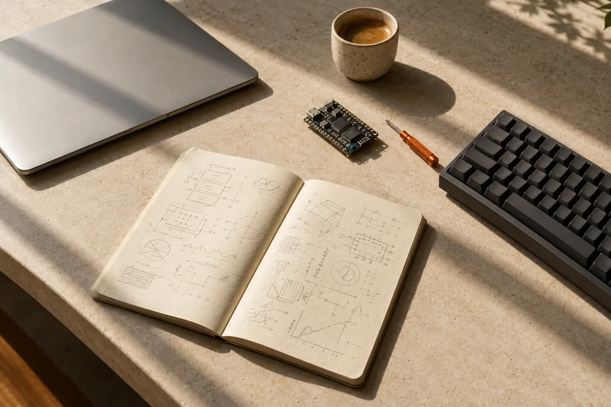 Editorial illustration of a maker’s desk with a notebook, keyboard and small electronics